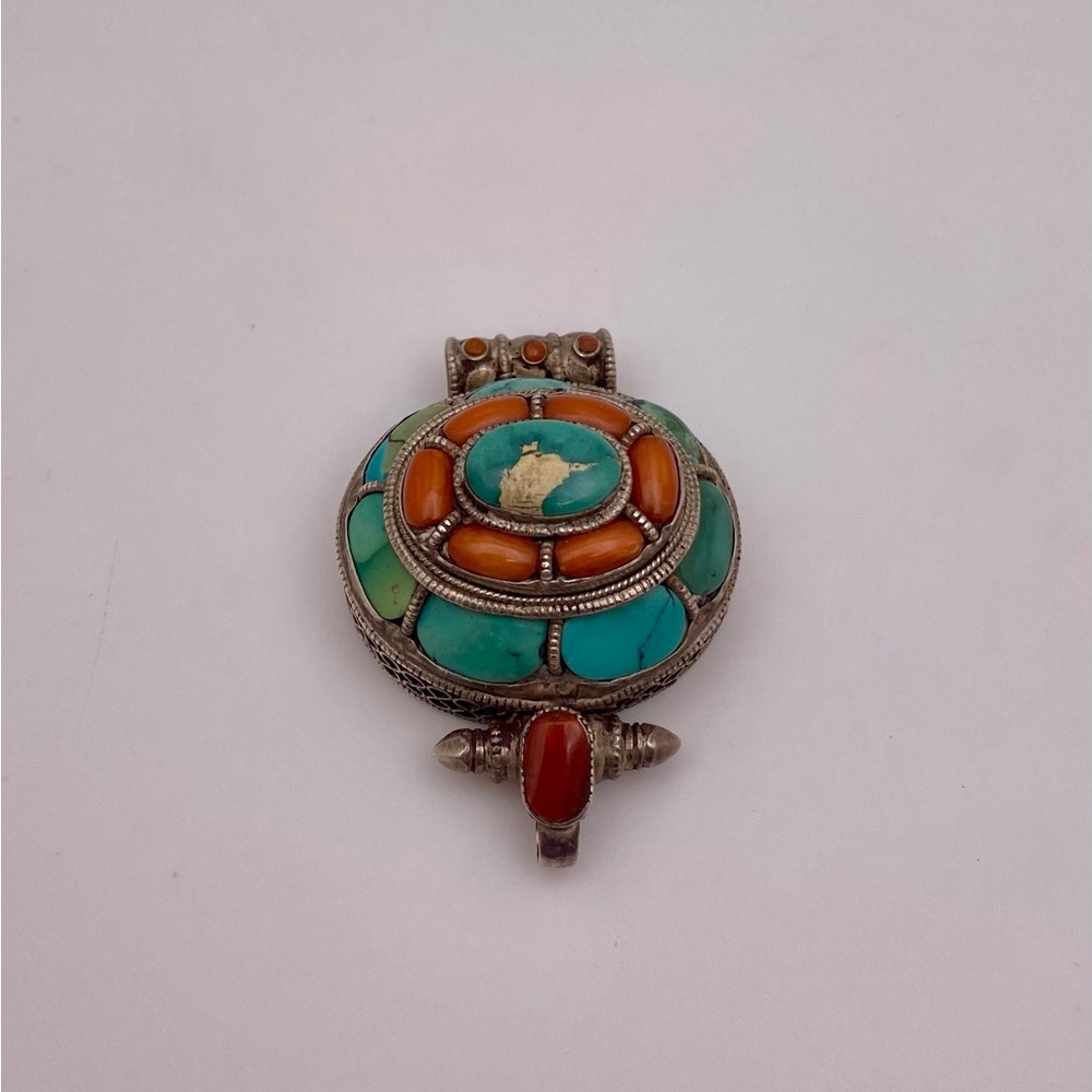 Tibetan buddhist sterling prayer box pendant with coral and turquoise